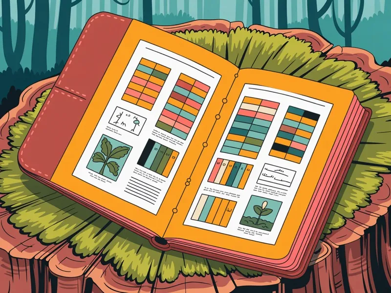 Leather-bound field guide open on a mossy stump