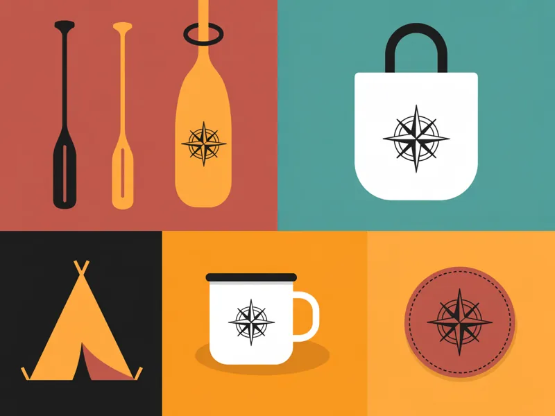 Brand mark applied to canoe paddle, tote, mug, and tent flag