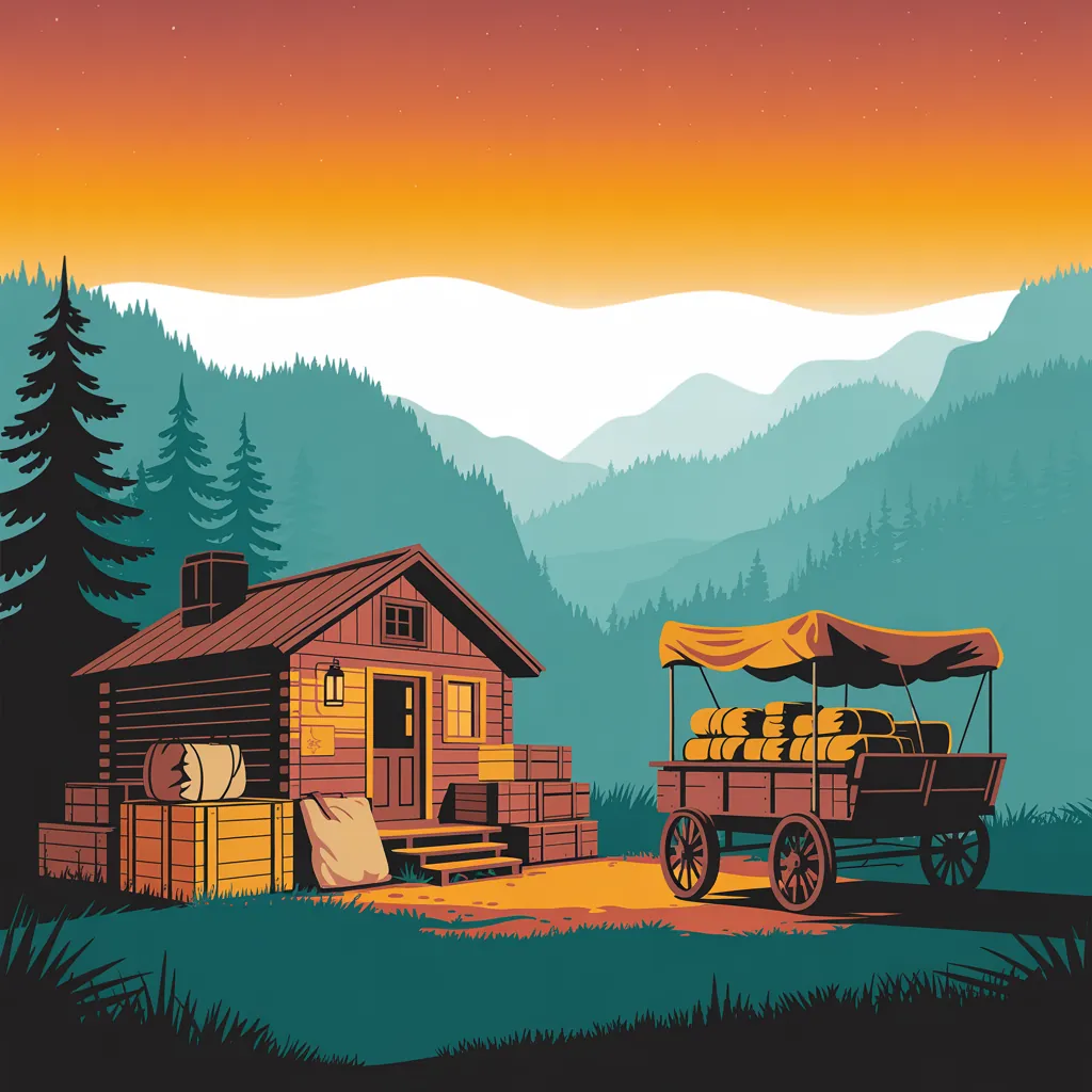 Weathered trading post cabin with crates at dusk