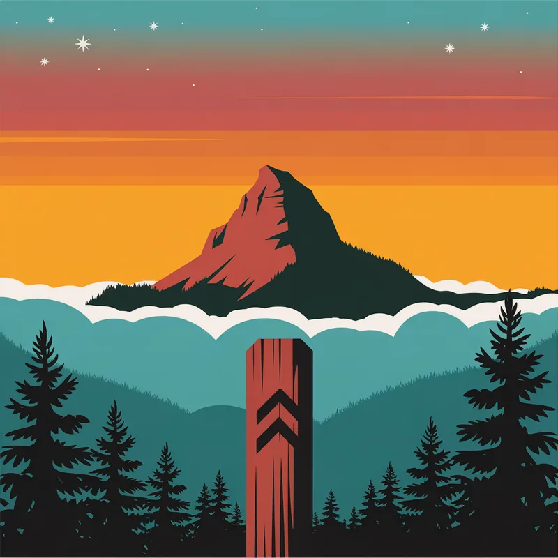 Branding Mountain — carved totem on a hillside with mountain ridge behind