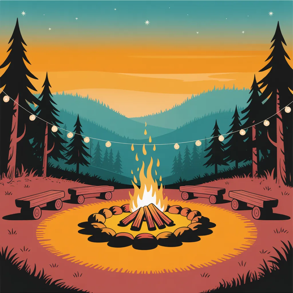 Campfire circle in a forest clearing at dusk