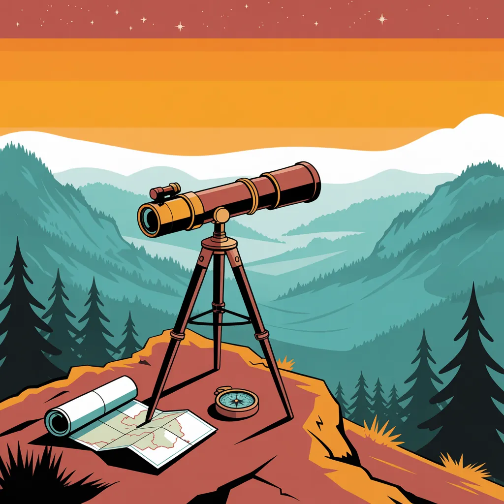 Brass spyglass on a tripod overlooking mountains