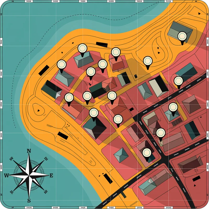 Local City — topographic town map with glowing pins