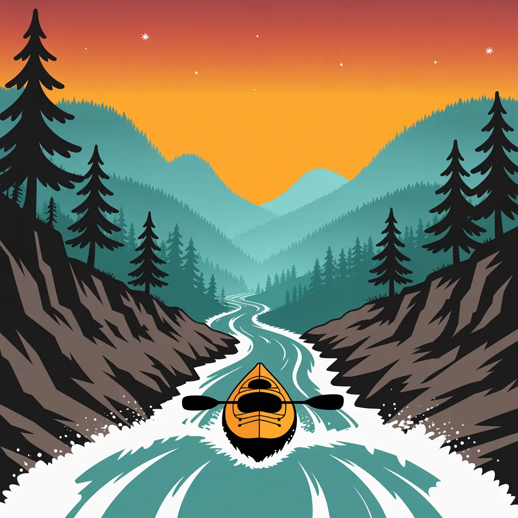 Kayak cutting through whitewater rapids at dusk