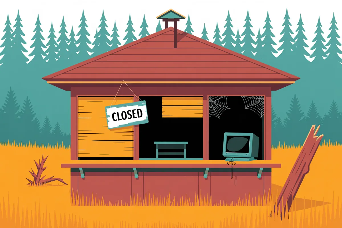 Abandoned ranger booth with boarded windows — illustration of a dead website
