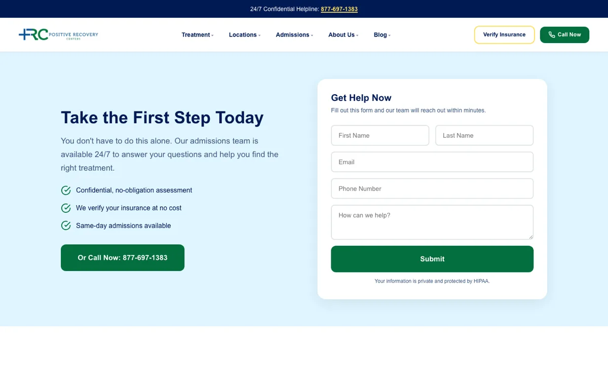 Positive Recovery Centers homepage desktop view