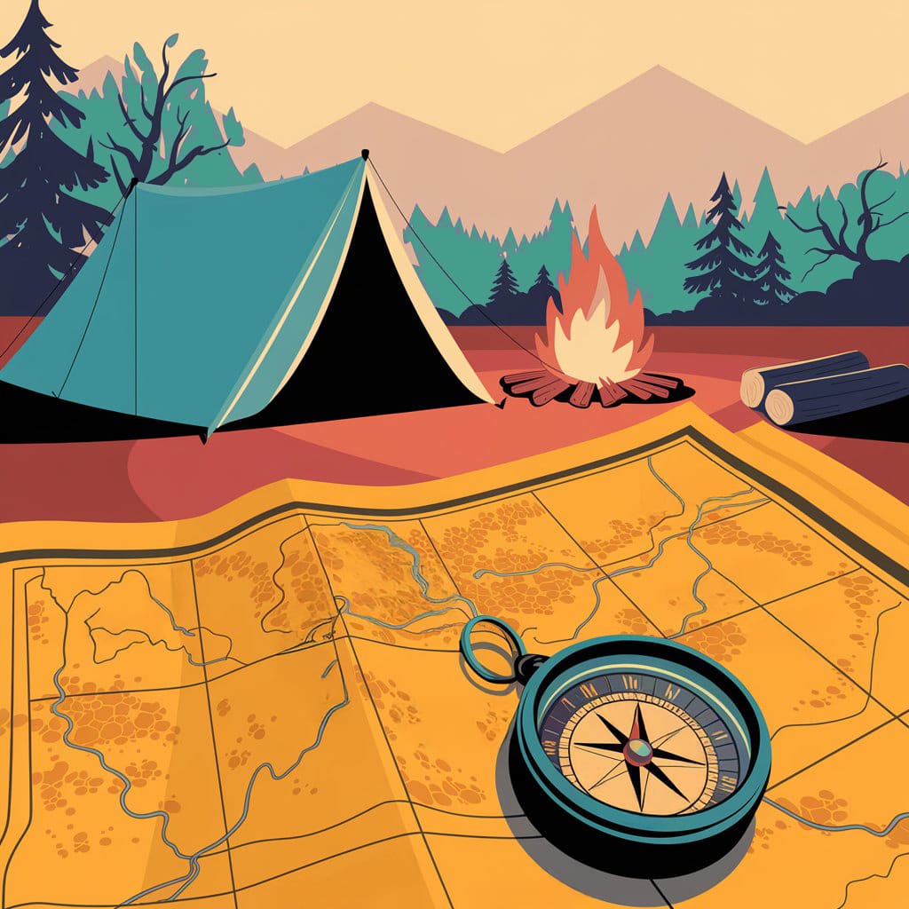 a map and a tent in the woods