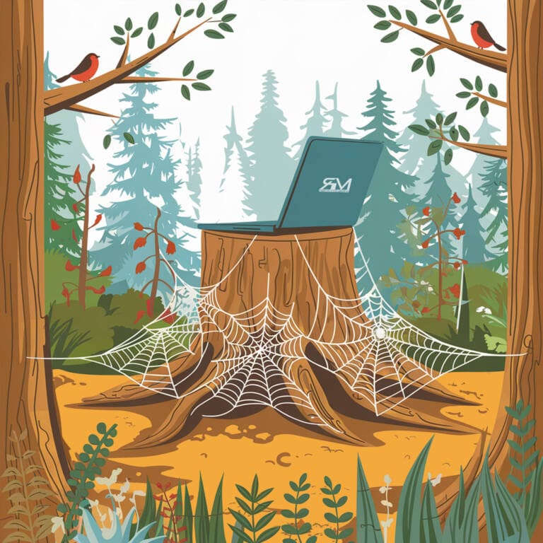 A laptop on a stump covered in spiderwebs