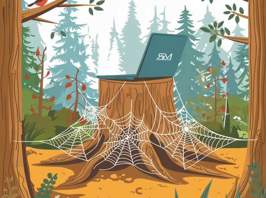 A laptop on a stump covered in spiderwebs